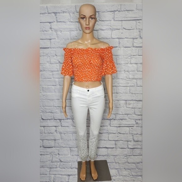 NWT L'agence Bexley Womens smocked bodice off shoulder polka dot cropped top XS